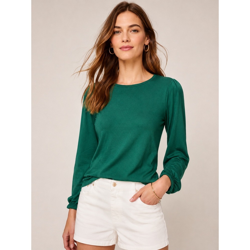 J.Crew Womens Puff Sleeve Top XS Preppy Emerald Green Long Sleeve Tee Preppy